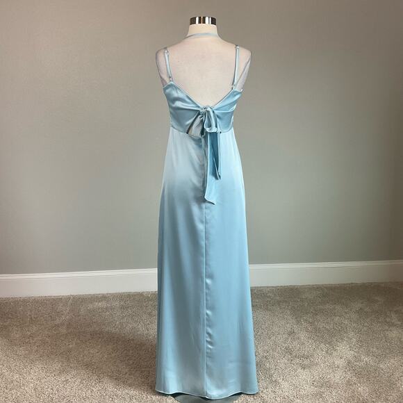 Satin Cut Out Back Evening Gown Blue Size 10 Thigh Slit Long Formal by AQUA - Picture 2 of 10